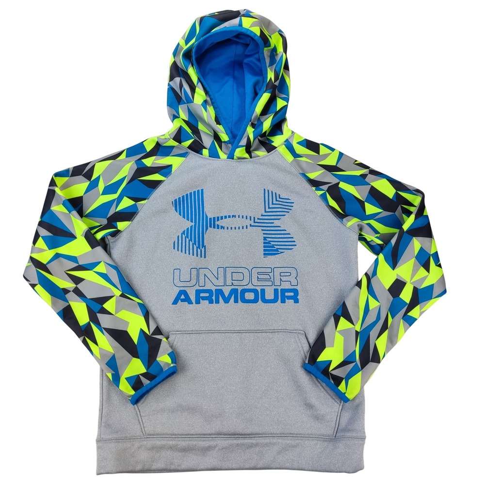 Under Armour Hoodie Boys Medium Gray Blue Geometric ColdGear Pullover Sweatshirt